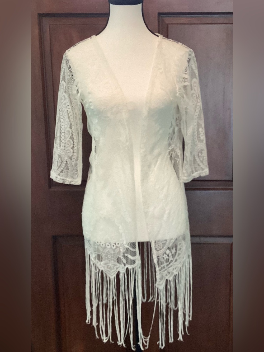 White Lace Fringe Kimono Cardigan Boho Sheer Cover Up Festival Beach Bohemian OS